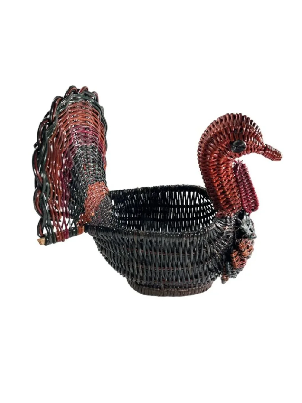Vtg Wicker Turkey Basket Rattan Red Green Fall Bird Decor Handwoven Colorful